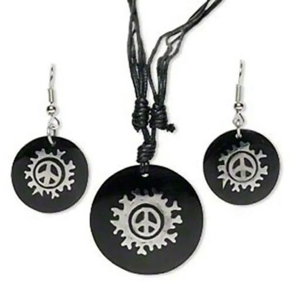 Black Resin & Stainless Steel Mod Retro Peace Sign Necklace Earrings Jewelry Set - Picture 1 of 1